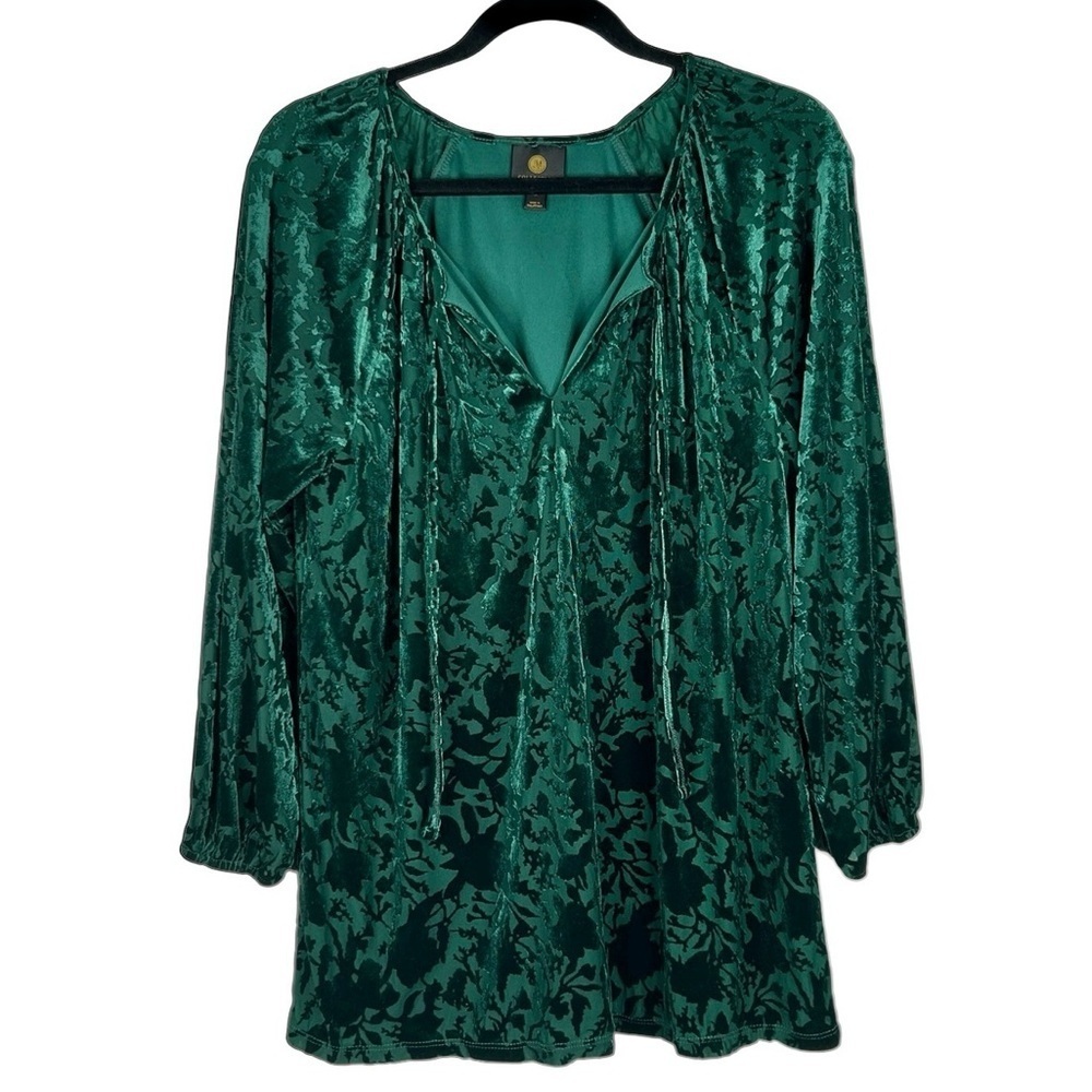 JM‎ Collection Emerald Green Velvet Burnout V-Neck Whimsigoth Top Size Medium